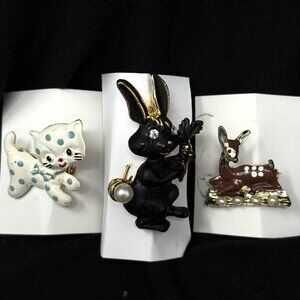 Animal Lover Vintage Pins Brooches Set of 3 - White Cat / Black Rabbit / Deer